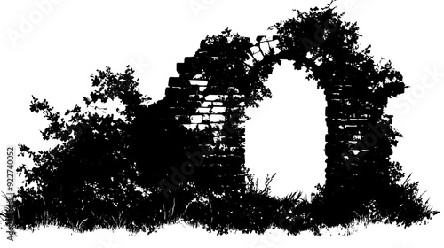 Crumbling stone walls and archways of an ancient structure overgrown with vegetation, vector illustration art