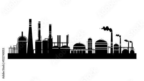 Large facility with multiple chimneys, next to rows of storage tanks, vector illustration art