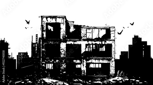 Derelict factory with crumbling brickwork and rusted metal frames, vector illustration art