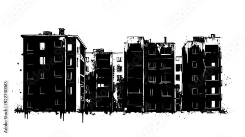 Deserted residential buildings with boarded-up windows and deteriorating facades, vector illustration art