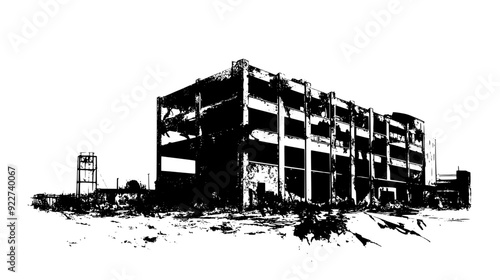 Derelict factory with crumbling brickwork and rusted metal frames, vector illustration art