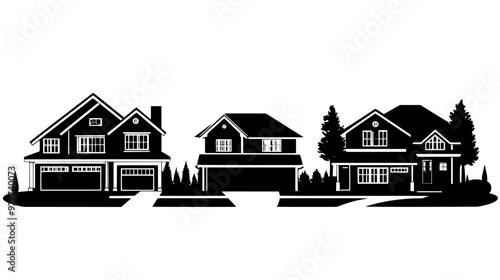 Detached homes with garages, driveways, and well-maintained lawns in a suburban neighborhood, vector illustration art