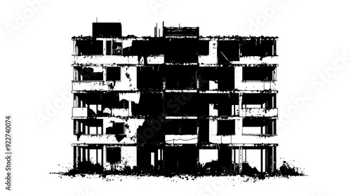 Dilapidated, multi-story building with broken windows and exposed structural elements, vector illustration art