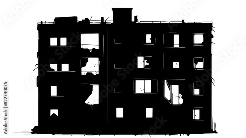 Dilapidated, multi-story building with broken windows and exposed structural elements, vector illustration art