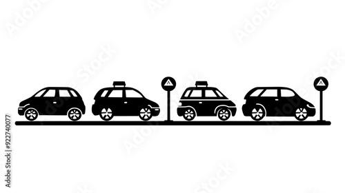 Designated taxi area with several taxis parked in line, showing appropriate road signage and lane markers, vector illustration art