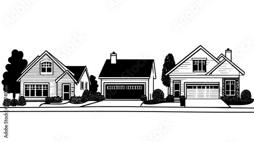 Detached homes with garages, driveways, and well-maintained lawns in a suburban neighborhood, vector illustration art