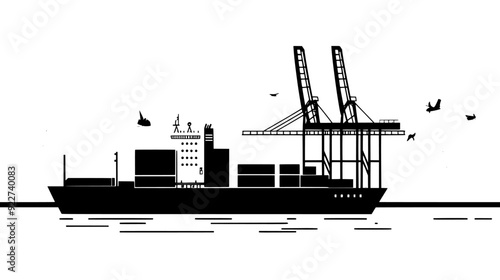 Docked cargo ships adjacent to container stacks, with large cranes prepared for loading and unloading operations, vector illustration art