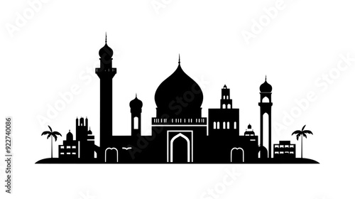 Domed mosque with a prominent minaret, situated in a city with various surrounding structures, vector illustration art