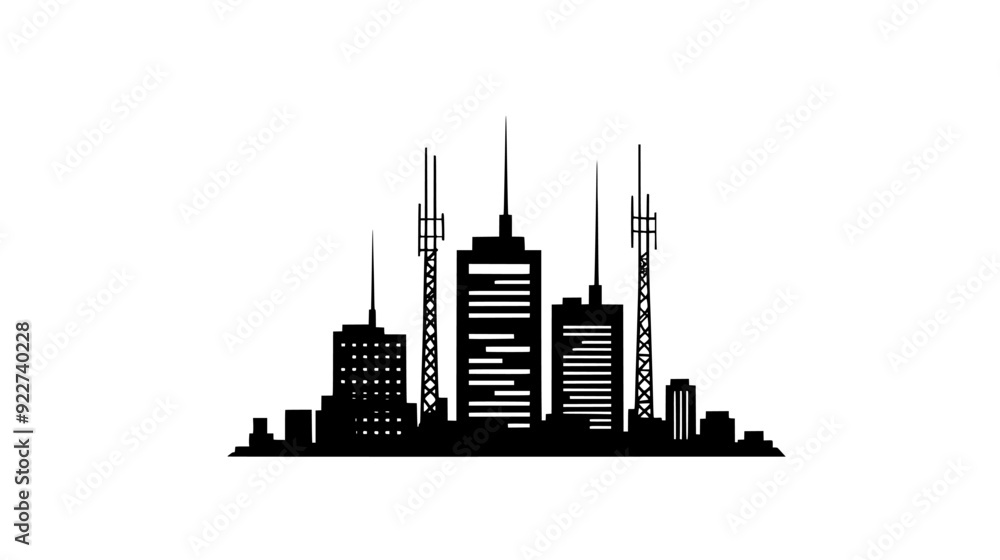 Obraz premium High-rise building with multiple antennae on the roof, towering above the surrounding structures, vector illustration art