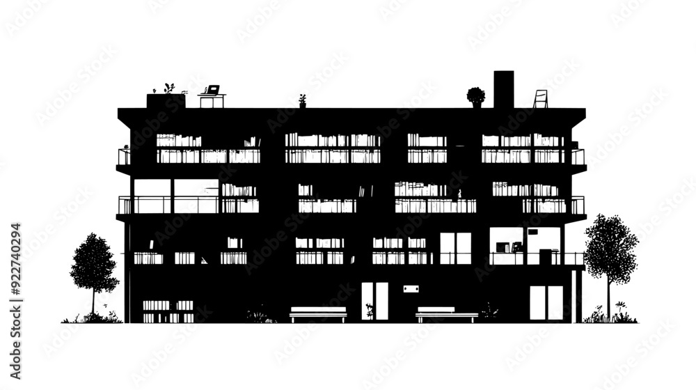 Naklejka premium Library building with multiple floors, benches, and outdoor study areas, vector illustration art