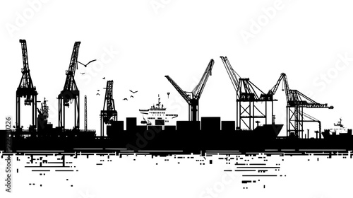 Harbored freighters at the pier, with cranes and loading equipment spread throughout the port area, vector illustration art