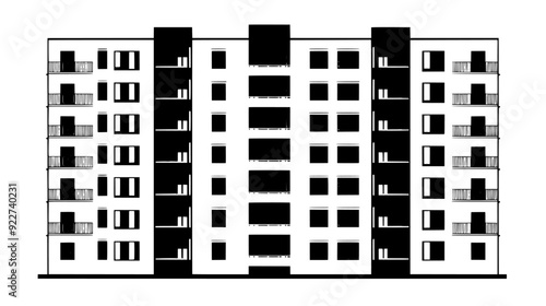 High-rise apartment buildings, each with a series of balconies and large, evenly spaced windows, vector illustration art