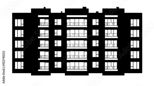 High-rise apartment buildings, each with a series of balconies and large, evenly spaced windows, vector illustration art