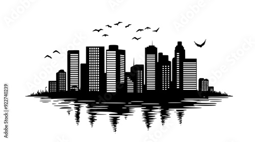 High-rise commercial buildings forming a dense cluster, with a major road and water body nearby, vector illustration art