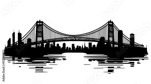 Iconic bridge spanning a large river with city buildings on both sides, vector illustration art