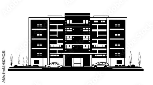Hotel with multiple floors, a grand entrance, and a driveway for guest drop-off and pick-up, vector illustration art