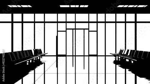 Interior of the terminal with rows of benches and large windows, vector illustration art