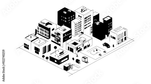 Interconnected, prefabricated modules forming an adaptable urban environment with interchangeable components, vector illustration art