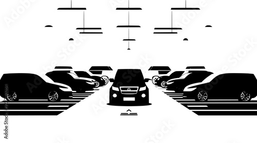 Interior of a car rental facility featuring numerous parked rental vehicles in designated spots, vector illustration art