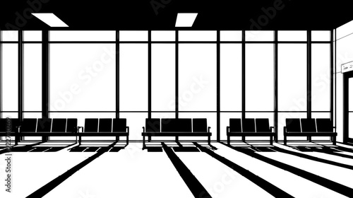 Interior of the terminal with rows of benches and large windows, vector illustration art