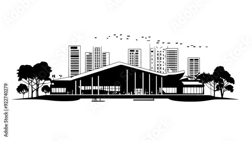Large cultural center with a unique roof design, surrounded by other buildings and a nearby park, vector illustration art