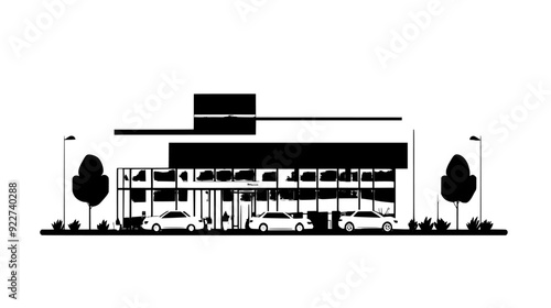Large retail store with expansive windows and a spacious parking lot in front of the building, vector illustration art