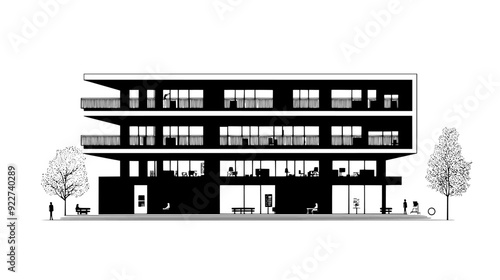 Library building with multiple floors, benches, and outdoor study areas, vector illustration art