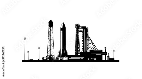 Launch pad at a spaceport with support structures, control building, fueling area, and observation tower, vector illustration art