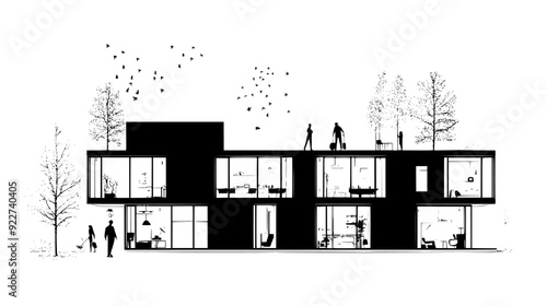 Multiple modular units combined to form a cohesive, interconnected building with open interior spaces, vector illustration art