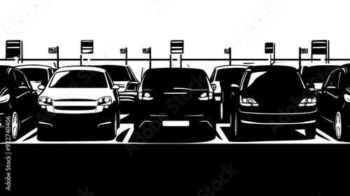 Numerous rental cars parked in rows within a car rental facility, showing clear signage, vector illustration art
