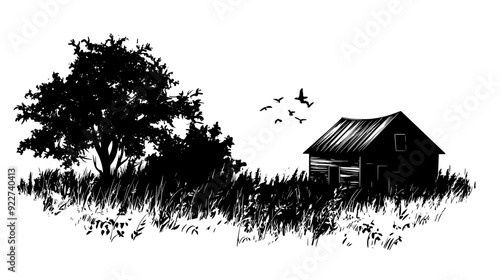 Neglected farm buildings with collapsing roofs and overgrown surroundings, vector illustration art