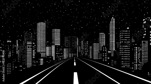 Nighttime cityscape with illuminated buildings and roads, highlighting a vibrant urban center, vector illustration art