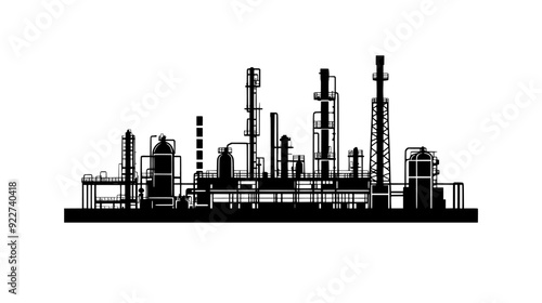 Oil refinery with a series of tanks, pipelines, and distillation columns in a vast compound, vector illustration art