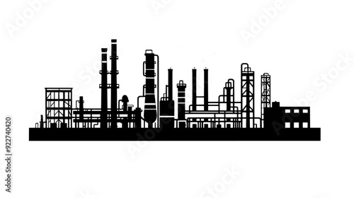 Oil refinery with a series of tanks, pipelines, and distillation columns in a vast compound, vector illustration art