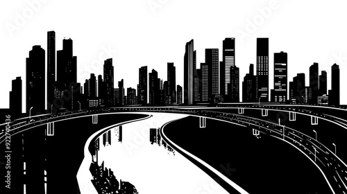 Overhead image of an urban landscape with high-rise buildings, thoroughfares, and a large body of water, vector illustration art