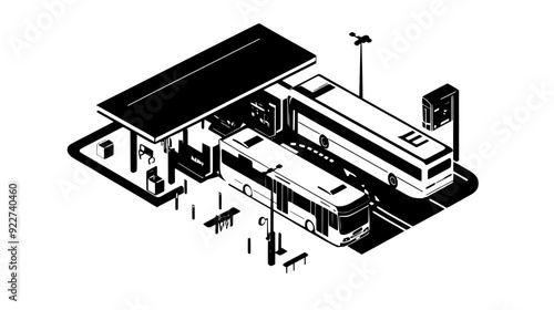 Overhead view of buses maneuvering through the station's entry and exit points, vector illustration art