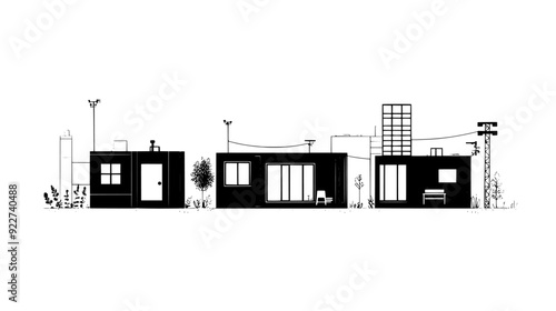Prefabricated units with foldable panels in an organized urban layout, vector illustration art