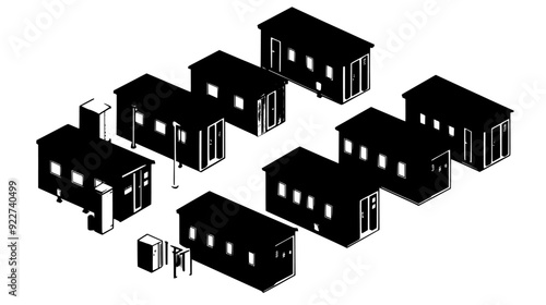 Portable cabins in systematic rows with temporary walkways and shared facilities, vector illustration art