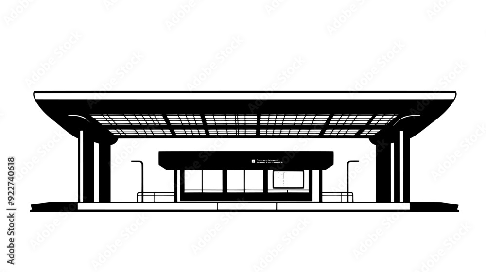 Station for monorail with extended platform, overhead rail track, concrete support pillars, and information board, vector illustration art Station for monorail with extended platform, overhead rail track, concrete support pillars, and information board, vector illustration art