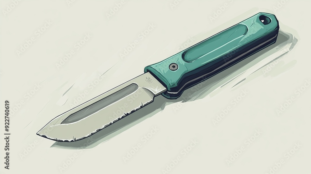 Illustration of a box cutter with a green handle, featuring a sharp blade Illustration of a box cutter with a green handle, featuring a sharp blade