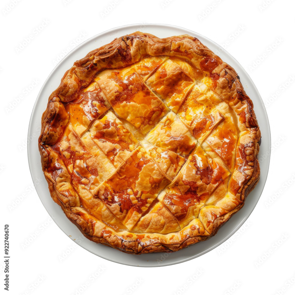 A golden-brown pie with a lattice crust and a glossy glaze on a white plate A golden-brown pie with a lattice crust and a glossy glaze on a white plate