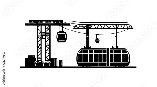 Station for cable cars featuring platform, cable system, pulley mechanisms, and control structure beside it, vector illustration art