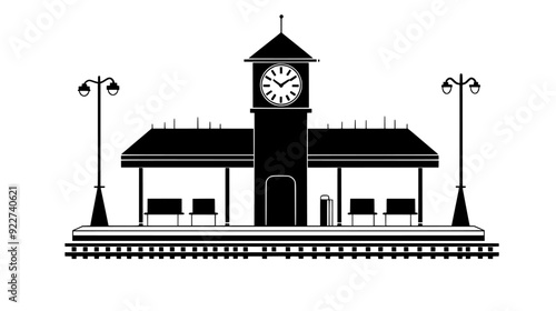 Station clock tower with multiple tracks and platforms below, vector illustration art