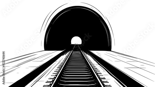 Subway tracks disappearing into the tunnel entrance at the end of a platform, vector illustration art