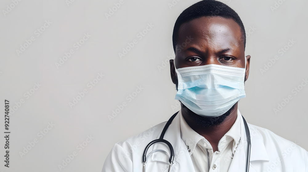Confident African American doctor wearing a medical mask and stethoscope, standing with crossed arms against a white background, emphasizing professionalism and healthcare Confident African American doctor wearing a medical mask and stethoscope, standing with crossed arms against a white background, emphasizing professionalism and healthcare