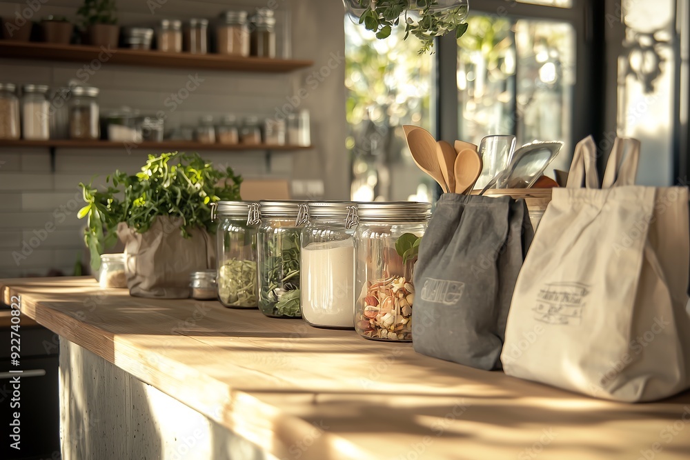 Minimalist Zero Waste Lifestyle Setup in a Modern Kitchen, Featuring Reusable Glass Jars, Cloth Bags, and Stainless Steel Containers, Promoting Sustainability, Eco-Friendly Living Minimalist Zero Waste Lifestyle Setup in a Modern Kitchen, Featuring Reusable Glass Jars, Cloth Bags, and Stainless Steel Containers, Promoting Sustainability, Eco-Friendly Living