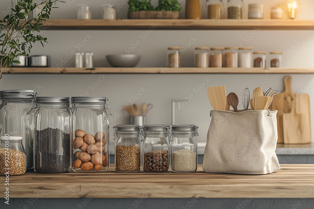 Minimalist Zero Waste Lifestyle Setup in a Modern Kitchen, Featuring Reusable Glass Jars, Cloth Bags, and Stainless Steel Containers, Promoting Sustainability, Eco-Friendly Living Minimalist Zero Waste Lifestyle Setup in a Modern Kitchen, Featuring Reusable Glass Jars, Cloth Bags, and Stainless Steel Containers, Promoting Sustainability, Eco-Friendly Living