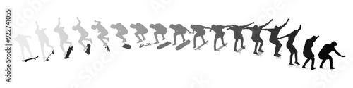 Dynamic silhouette sequence of skateboarder performing mid-air trick. Frame-by-frame image of skate trick. Multicolored vector illustration of silhouette. Fluid motion and athletic skateboarding skill