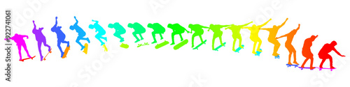 Dynamic silhouette sequence of skateboarder performing mid-air trick. Frame-by-frame image of skate trick. Multicolored vector illustration of silhouette. Fluid motion and athletic skateboarding skill