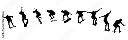 Dynamic silhouette sequence of skateboarder performing mid-air trick. Frame-by-frame image of skate trick. Multicolored vector illustration of silhouette. Fluid motion and athletic skateboarding skill
